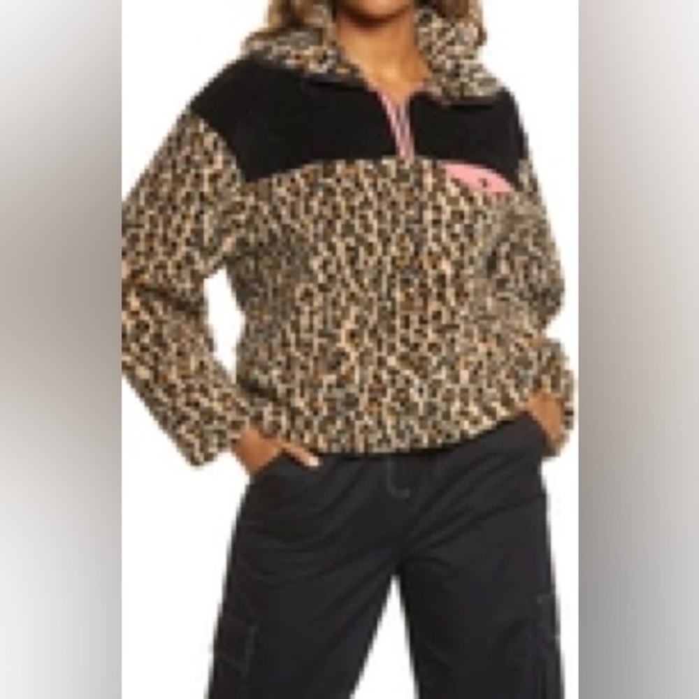 Nordstrom Bp. Tan Dale Leopard Big Spot Leopard Fleece Pullover XS